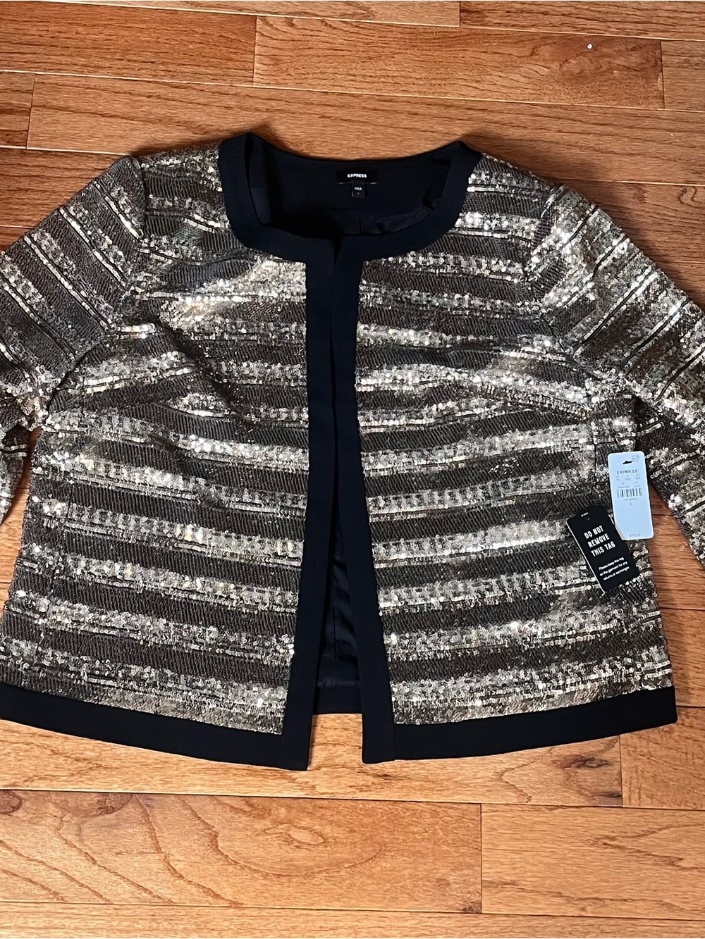 Express Gold and Black Striped Sequin Open-Front Jacket